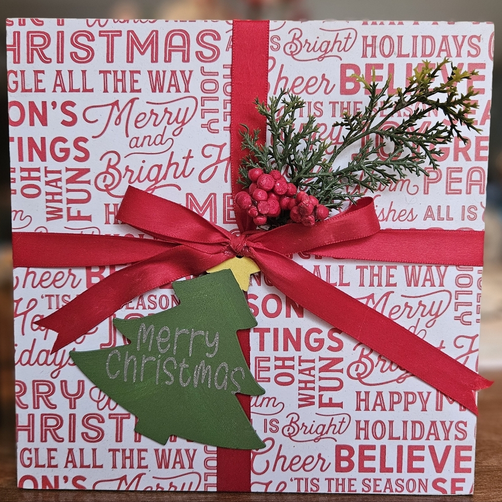 Festive Christmas Gift Box with Red Ribbon Wall Decor
